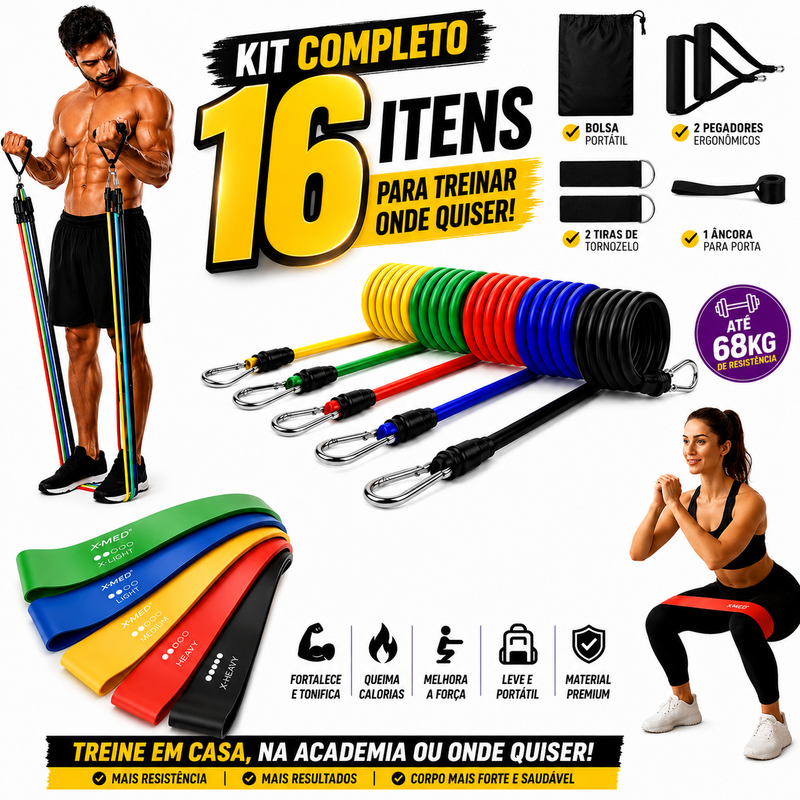 Kit Fitness 16 Peças com Extensores e Mini Bands