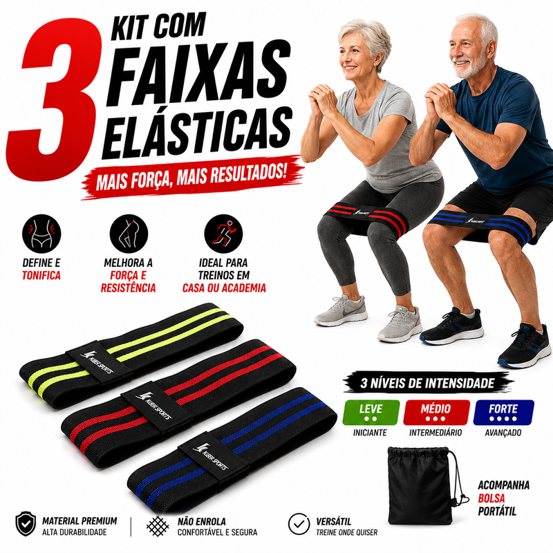 Kit 3 Faixas Elásticas de Resistência – Leve, Média e Forte